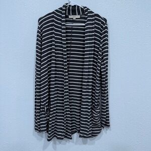 Loft Womens Small Cardigan Sweater Gray White Striped Open Front Pockets AJ15